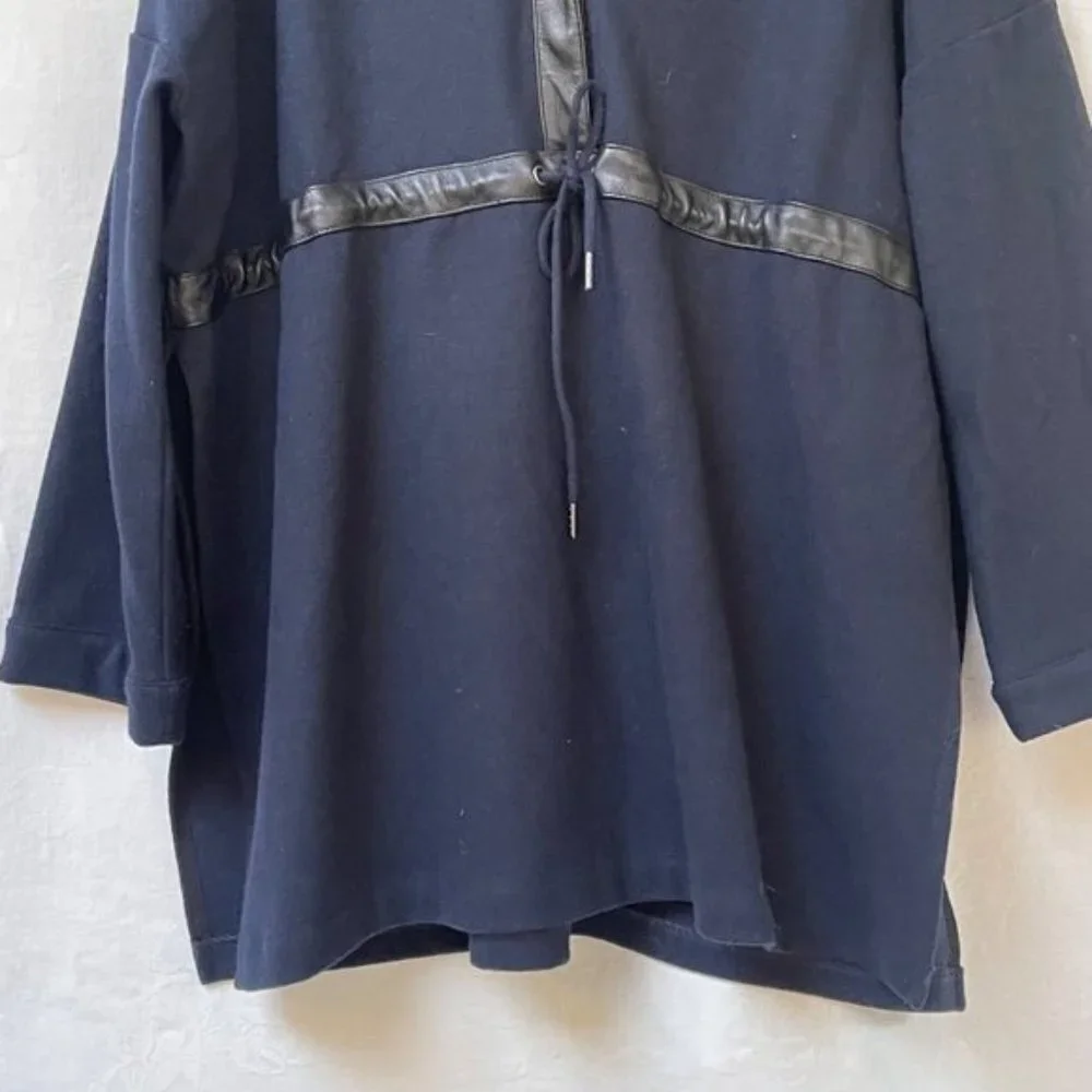 Club Monaco Hooded Sweater Womens Small Blue Wool Leather Trim Winter Pullover